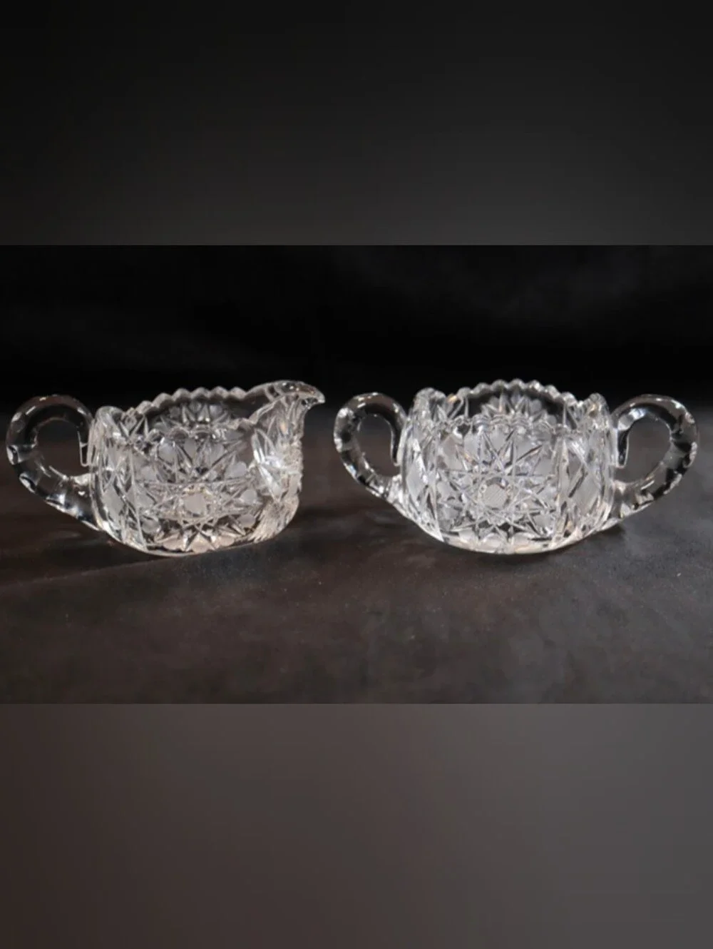 Antique Hobstar Beautiful Cut Glass Creamer & Sugar Bowl Set 2 ¼“ Tall